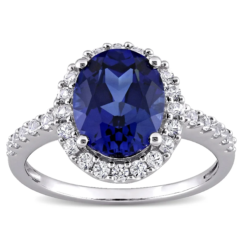 Miadora 10k White Gold Oval-cut Created Blue and White Sapphire Halo Engagement Ring