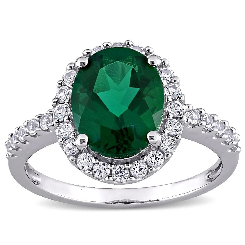 Miadora 10k White Gold Oval-cut Created Emerald and Created White Sapphire Halo Engagement Ring