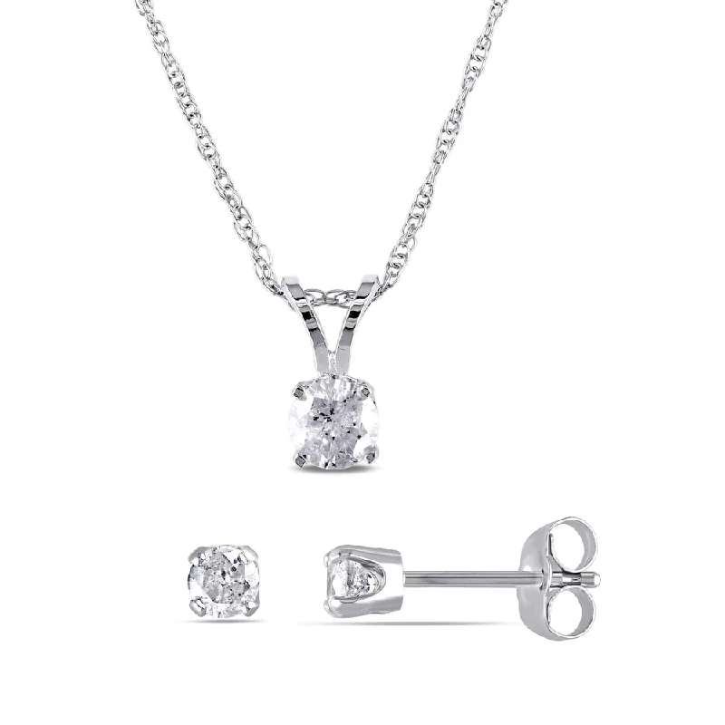 Miadora 14k White Gold 5/8ct TDW Diamond Solitaire Necklace and Stud Earrings Jewelry Set