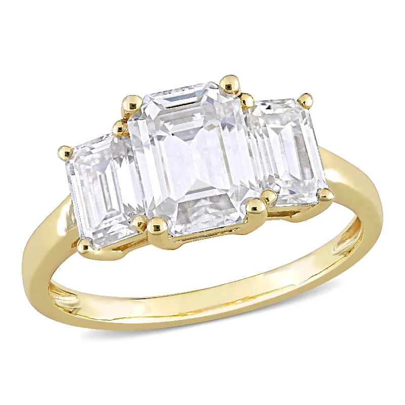 Miadora 2 3/4ct DEW Octagon Created Moissanite 3-Stone Engagement Ring in 10k Yellow Gold