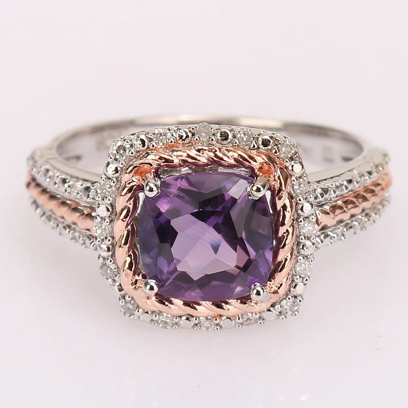 Miadora 2-Tone Sterling Silver Cushion-cut Amethyst & 1/6ct TDW Diamond Multi-row Halo Engagement Ring