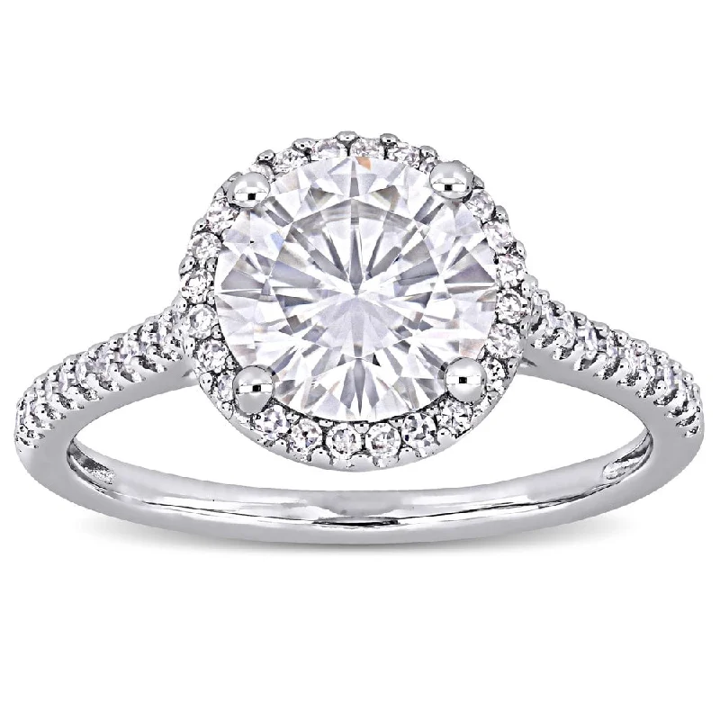 Miadora 2ct DEW Moissanite and 1/4ct TDW Diamond Halo Engagement Ring in 14k White Gold