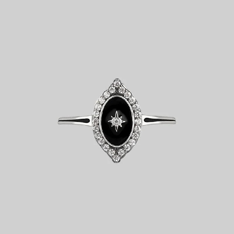 REVERENCE. Oval Black Enamel Crystal Silver Ring