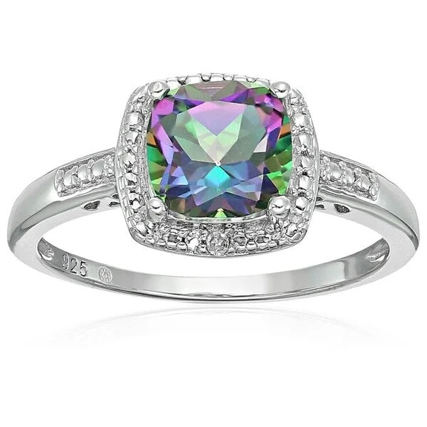 Ster Silver Mystic Topaz, Diamond Accent Halo Engagement Ring - Green