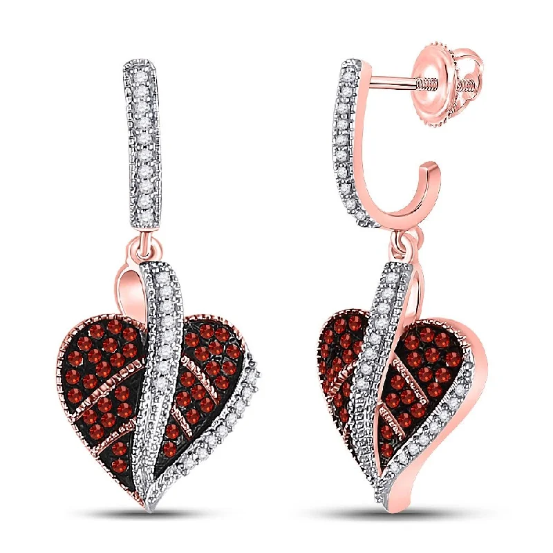 10k Rose Gold 1/3 Carat Round Red Color Enhanced Diamond Heart Dangle Earrings for Women