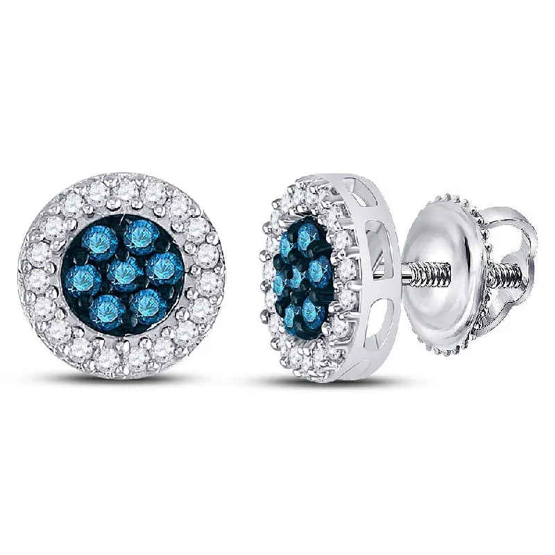 10k White Gold 1/2 Carat Round Blue Color Enhanced Diamond Cluster Earrings for Women