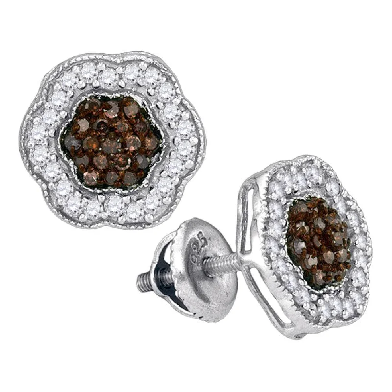 10k White Gold 1/2 Carat Round Brown Diamond Polygon Cluster Earrings for Women