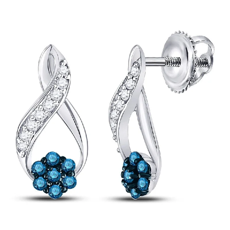 10k White Gold 1/5 Carat Round Blue Color Enhanced Diamond Cluster Earrings for Women