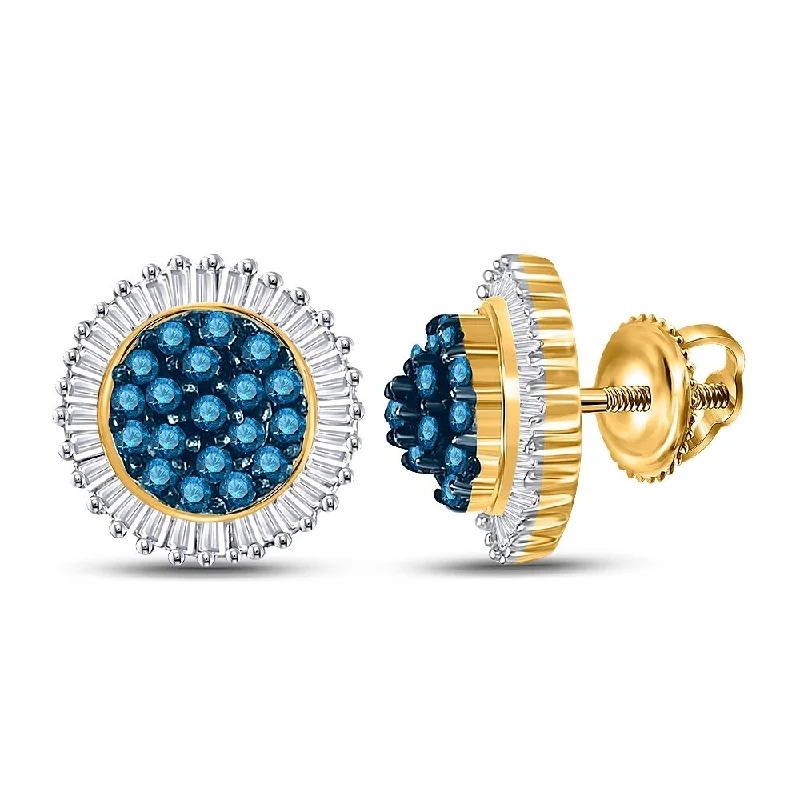 10k Yellow Gold 1 Carat Round Blue Color Enhanced Diamond Cluster Earrings for Women