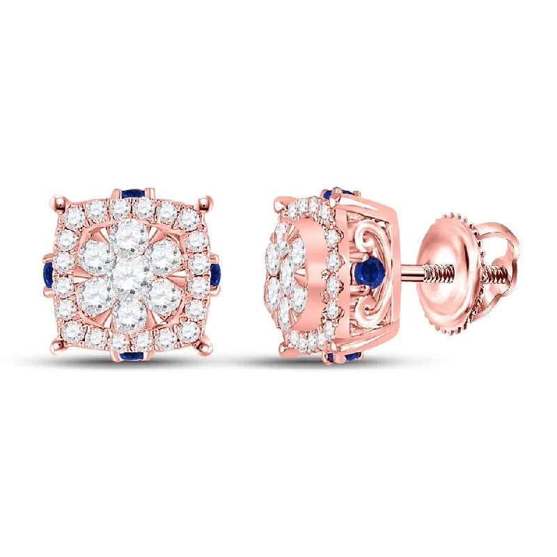 14k Rose Gold 5/8 Carat Round Diamond Blue Sapphire Cluster Earrings for Women