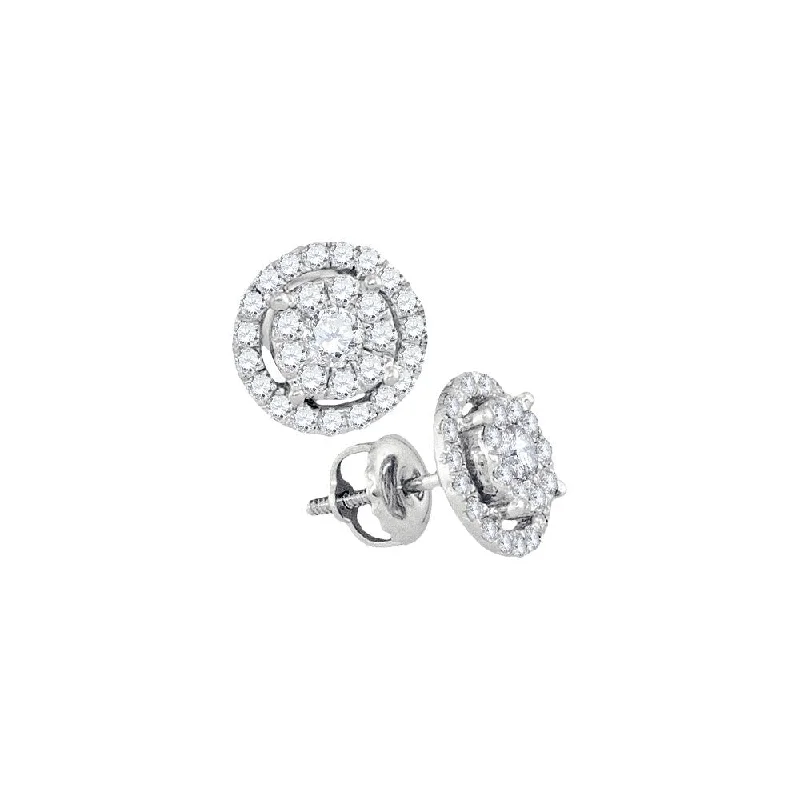 14k White Gold 3/4 Carat Round Diamond Concentric Cluster Earrings for Women