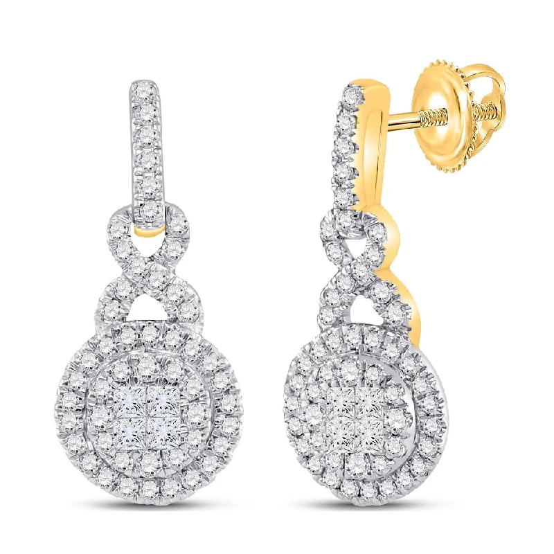 14k Yellow Gold 1/2 Carat Princess Round Diamond Cluster Dangle Earrings for Women