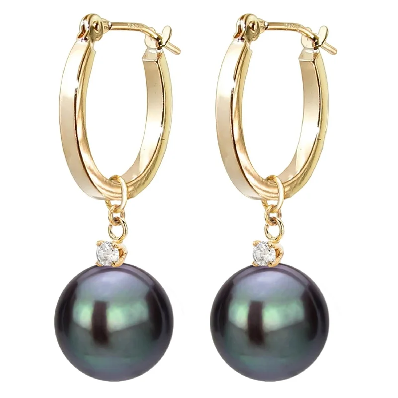 DaVonna 14k Gold 1/10cttw Diamond Black Freshwater Cultured Pearl Dangle Earrings