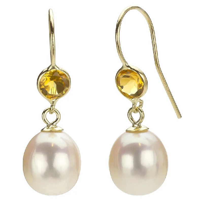 DaVonna 14k Gold 7-8mm White Freshwater Pearl and Citrine Dangle Earrings