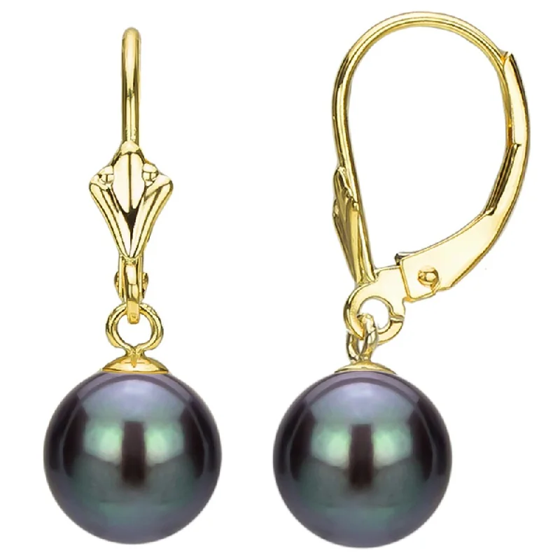 DaVonna 14k Gold 9-10mm Round Black Freshwater Pearl Design Lever-back Earrings