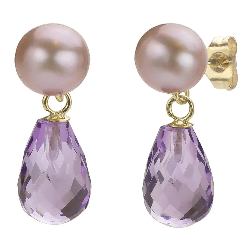 DaVonna 14k Gold Amethyst and Pink 6-6.5mm FW Pearl Earrings with Gift Box