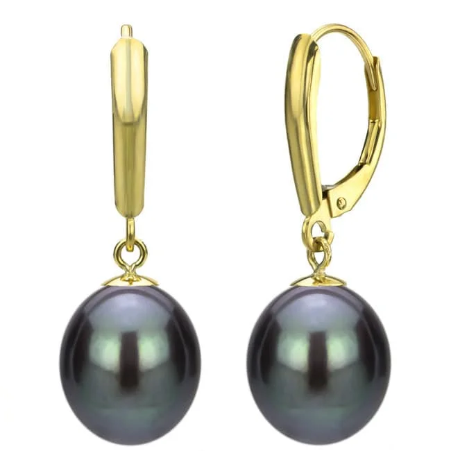 DaVonna 14k Gold Cultured Black FW Pearl Leverback Earrings (8-9 mm)