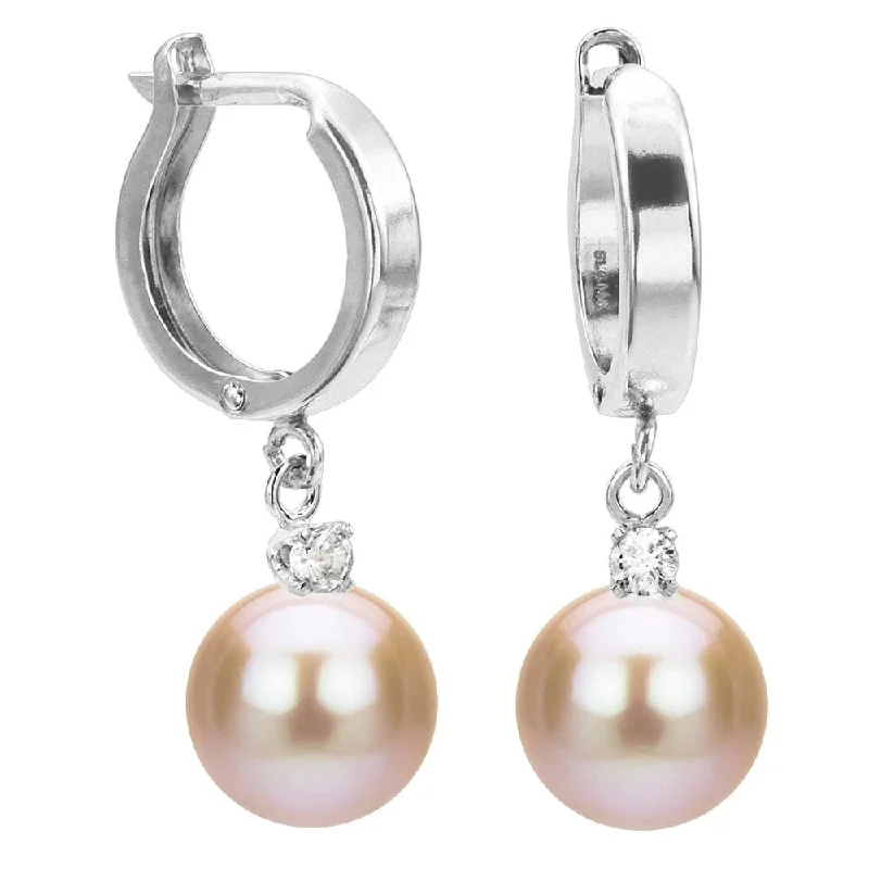 DaVonna 14k White Gold 1/10cttw Diamond Pink Freshwater Pearl Leverback Dangle Earrings