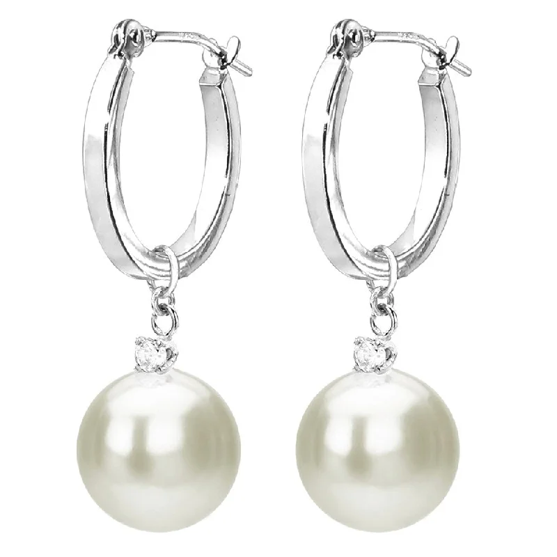 DaVonna 14k White Gold 1/10cttw Diamond White Freshwater Pearl Dangle Earrings