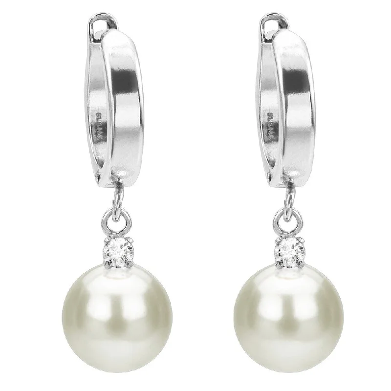 DaVonna 14k White Gold 1/10cttw Diamond White Freshwater Pearl Leverback Dangle Earrings