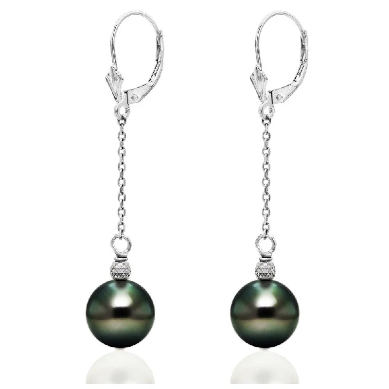 DaVonna 14k White Gold 9-9.5mm Round Black Tahitian Pearl Cable Chain Lever-back Earrings