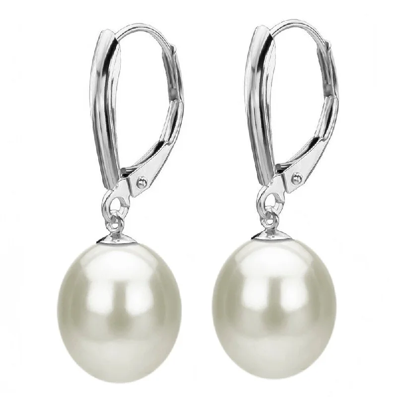 DaVonna 14k White Gold Freshwater Cultured Drop White Pearl Earrings Leverback