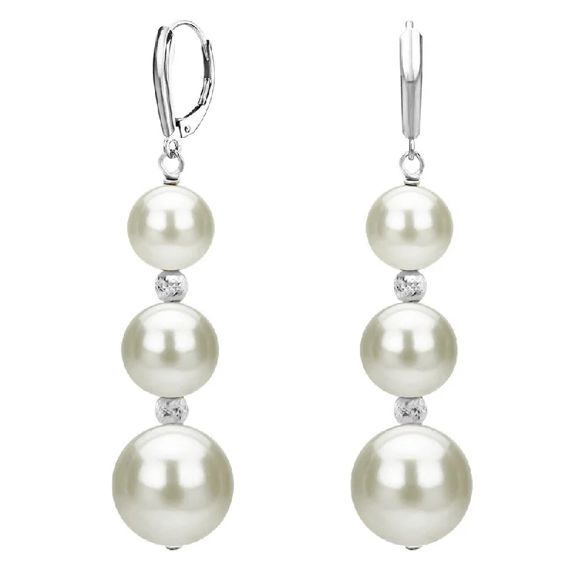 DaVonna 14k White Gold Graduated Freshwater Pearl and Sparkling Beads Lever-back Earrings