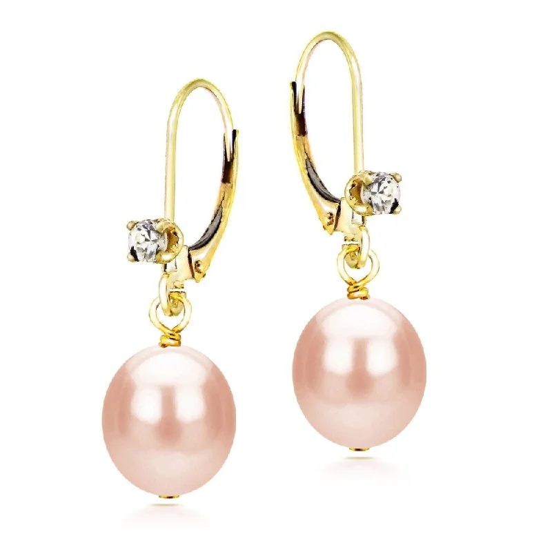 DaVonna 14k Yellow Gold 1/10ct Cubic Zirconia Long Shape Pink Freshwater Cultured Pearl Leverback Earrings (8-9mm)