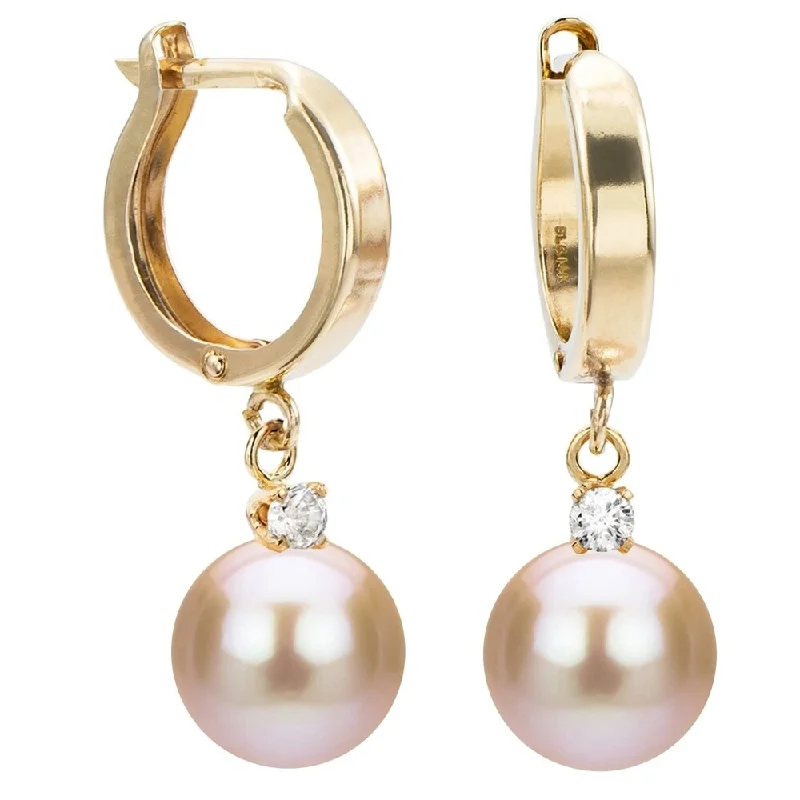 DaVonna 14k Yellow Gold 1/10cttw Diamond Pink Freshwater Pearl Leverback Dangle Earrings