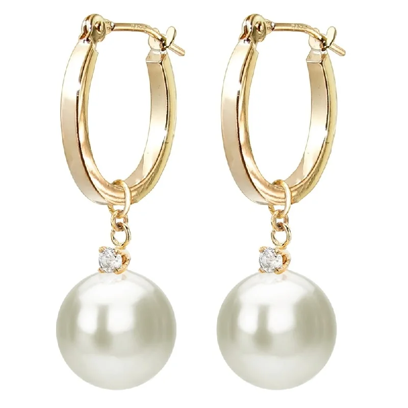 DaVonna 14k Yellow Gold 1/10cttw Diamond White Freshwater Pearl Dangle Earrings