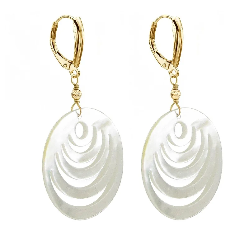 DaVonna 14k Yellow Gold 30mm Mother of Cultured Pearl with Sparkling Bead Lever-back Earrings