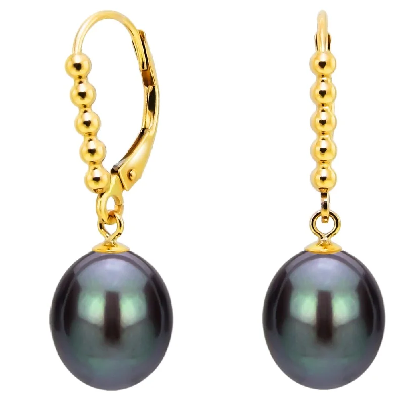 DaVonna 14k Yellow Gold 7-8mm Black Freshwater High Luster Long Shape Pearl Beaded Design Lever-back Earrings