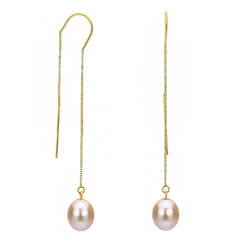 DaVonna 14k Yellow Gold 7-8mm Pink Cultured Freshwater Pearls Box Chain Threader Earrings