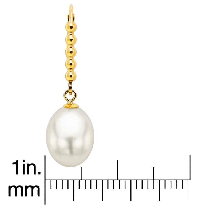 DaVonna 14k Yellow Gold 8-9mm Freshwater Cultured High Luster Pearl Beaded Design Leverback Earrings