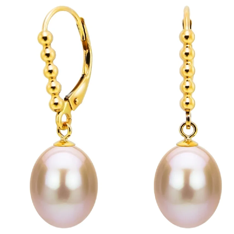 DaVonna 14k Yellow Gold 9-10mm Pink Freshwater High Luster Long Shape Pearl Beaded Design Lever-back Earrings