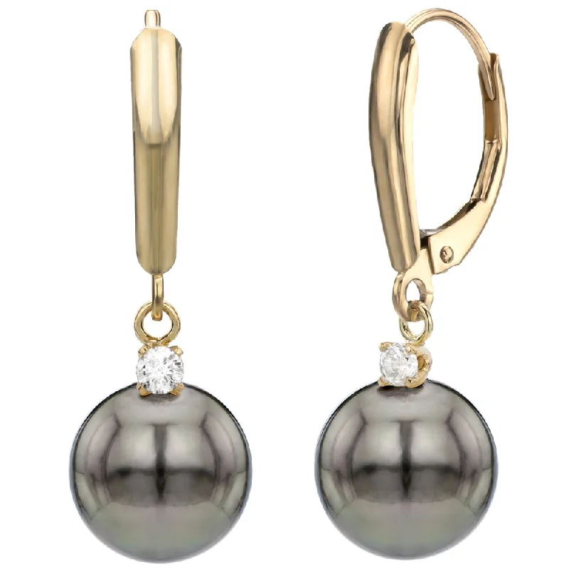 DaVonna 14k Yellow Gold Black Tahitian Pearl and 0.10ct Diamond Dangle Earring