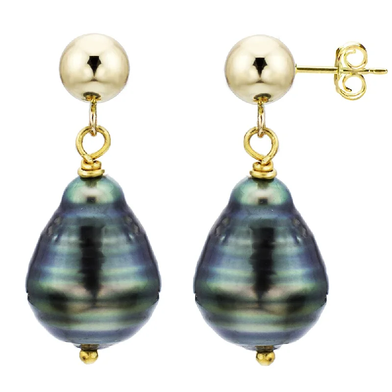 DaVonna 14k Yellow Gold Black Tahitian Pearl Dangle Earrings (8-10 mm)