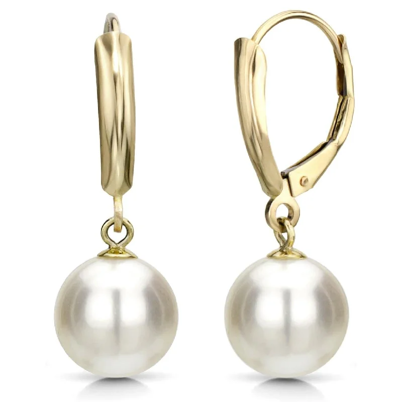 DaVonna 14k Yellow Gold White Round Freshwater Pearl Leverback Dangle Earring.