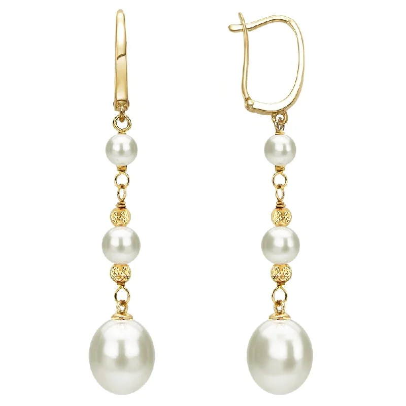 DaVonna 14k Yellow Gold with Multi-sizes White Freshwater Pearls and Beads Dangle Earrings