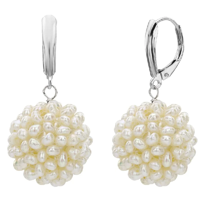 DaVonna .925 Sterling Silver 15-16mm Snowball Design White Freshwater Cultured Pearl Lever-back Earrings