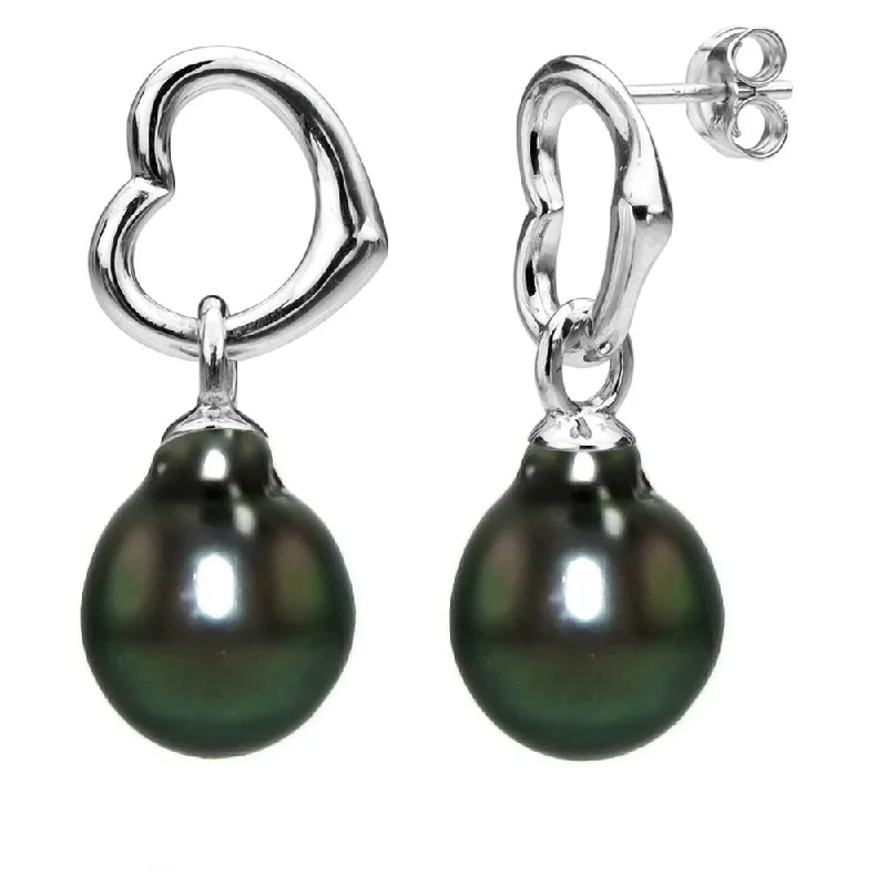 DaVonna Heart Shape Sterling Silver 8-9mm Black Tahitian Pearl Dangle Earrings