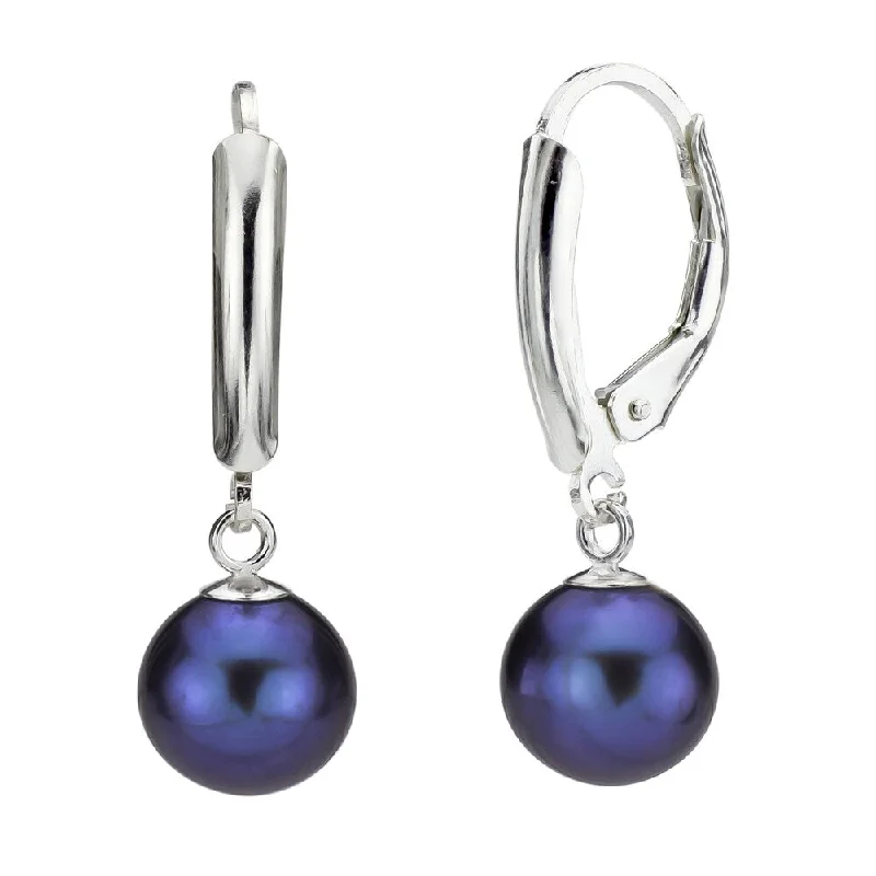 DaVonna Silver Black Round Freshwater Pearl Leverback Earrings (10-11 mm)