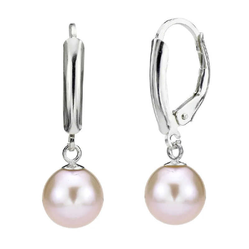 DaVonna Silver Pink 7-8mm Freshwater Pearl Leverback Earrings with Gift Box