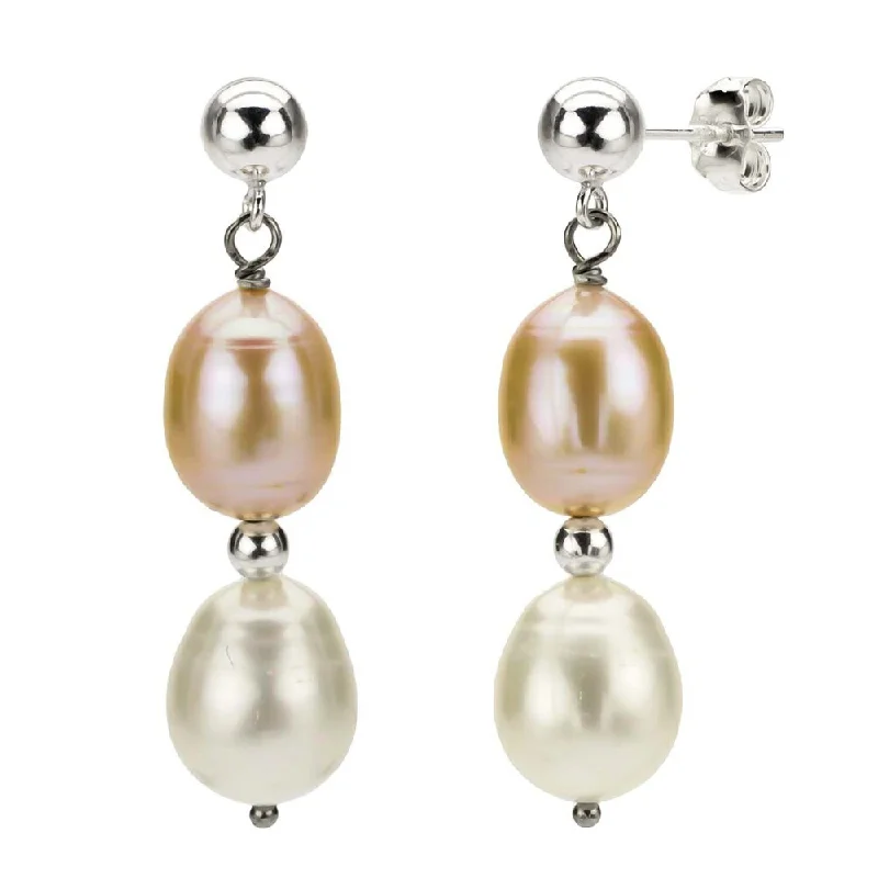 DaVonna Silver Pink and White FW Pearl Hangy Earrings (7-8 mm)