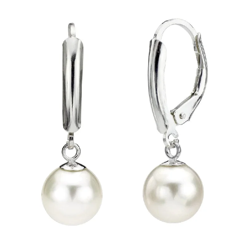 DaVonna Silver White Round Freshwater Pearl Leverback Earrings (8-9 mm)