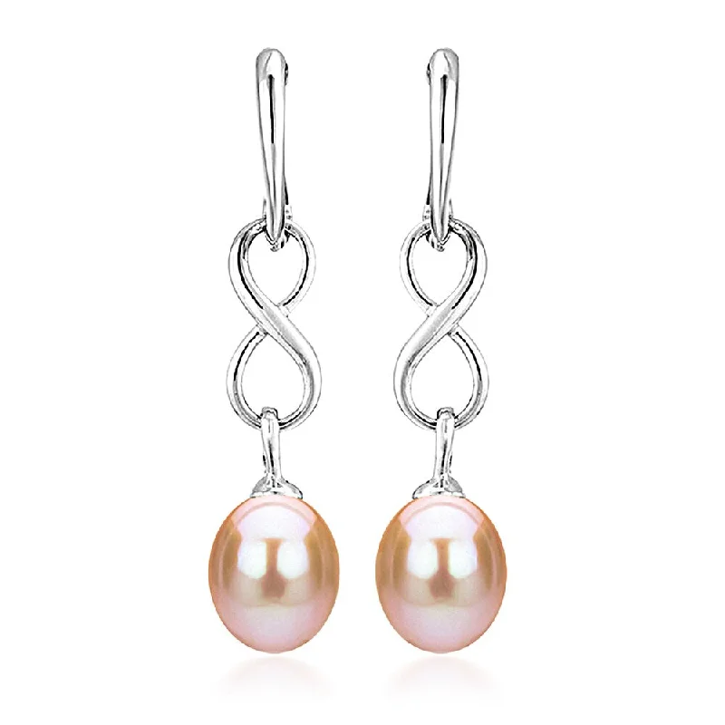 DaVonna Sterling Silver 8.5-9mm Long Shape Pink Freshwater Pearl Infinity Dangle Earrings