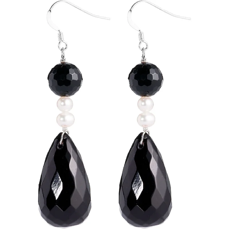 DaVonna Sterling Silver Black Onyx and White Pearl Dangle Earring