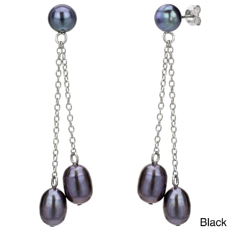 DaVonna Sterling Silver Freshwater Pearl Double-chain Earrings (6-7 mm)