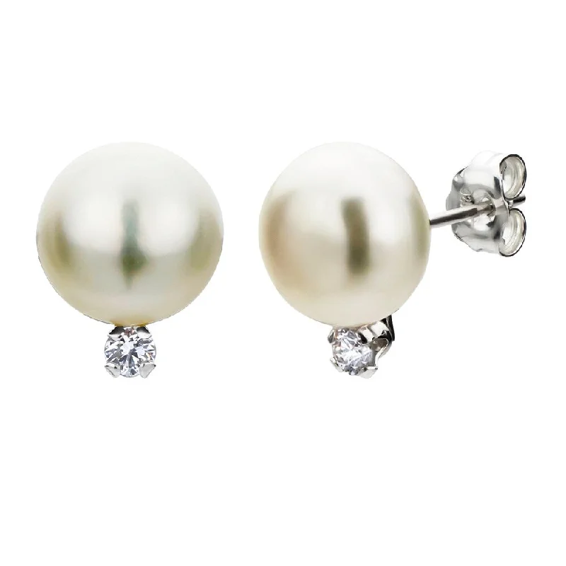 DaVonna Sterling Silver White 8-8.5mm Pearl and 0.10 Diamond Earrings