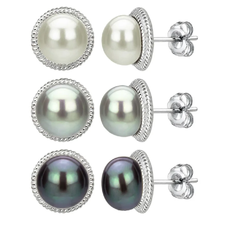 DaVonna Sterling Silver White Black and Grey Pearl Earring Set (9-10 mm)